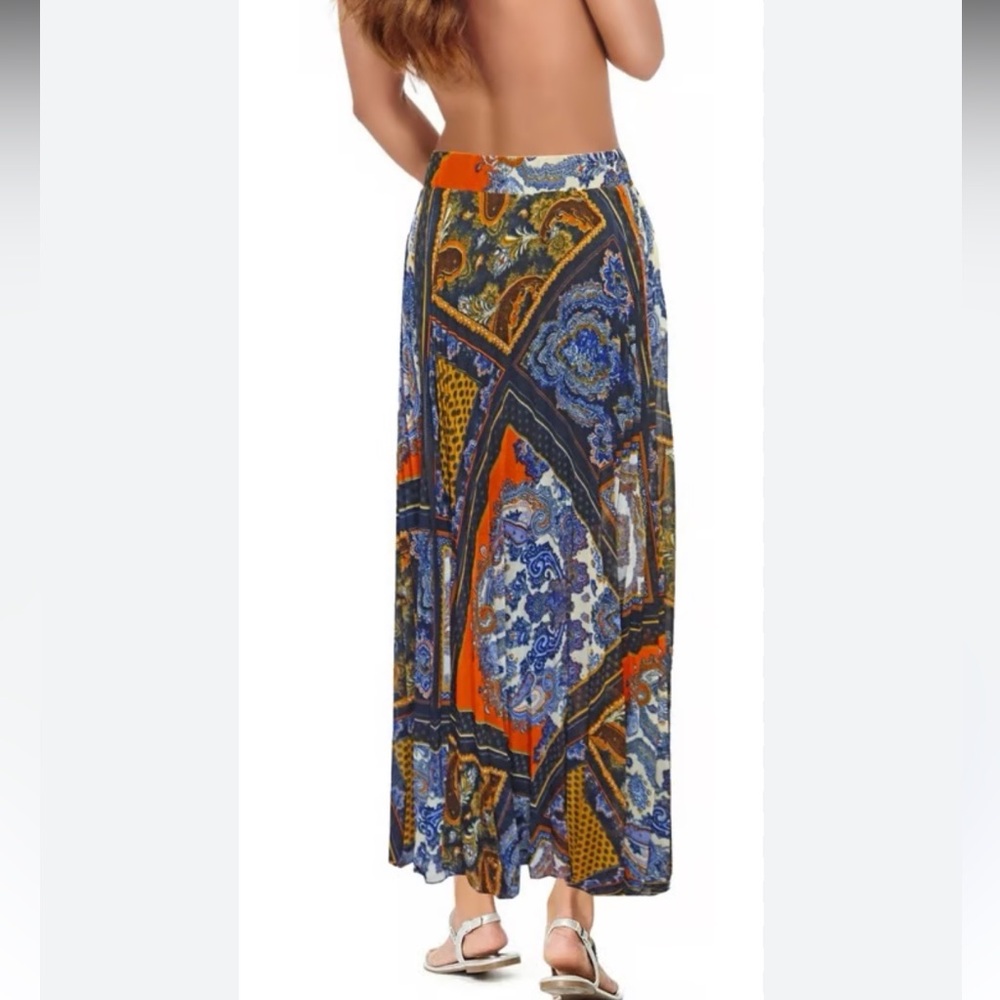 Accordion Pleated Paisley Maxi Skirt